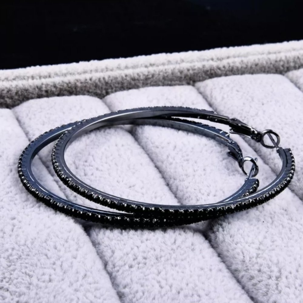 *Black Gold Black Sapphire 2.25'' Hoop Earrings - Picture 4 of 7